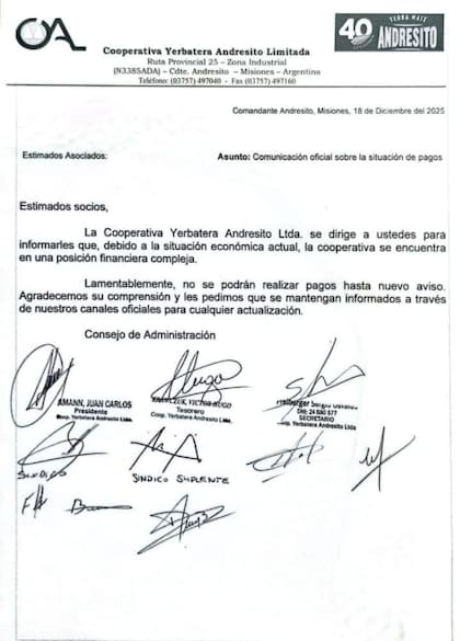La carta de la Cooperativa Yerbatera Andresito