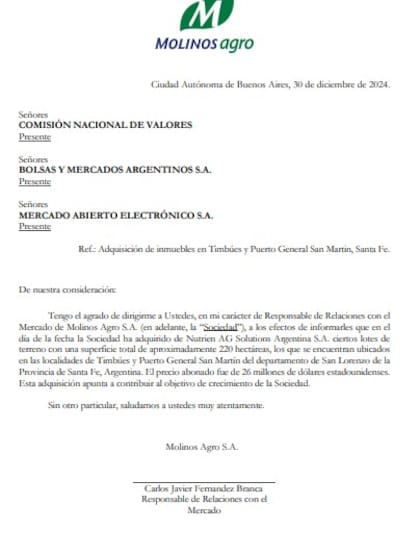 La carta de la empresa a la CNV