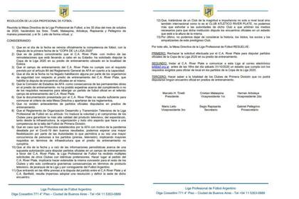 La carta de la LPF en la que le comunicó a River que rechazaba el pedido de jugar como local en River Camp.