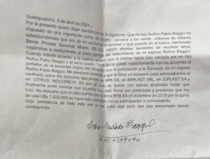 La carta de la madre de los Baggio