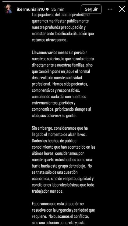 La carta de los jugadores de San Lorenzo, replicada en cada una de sus cuentas.