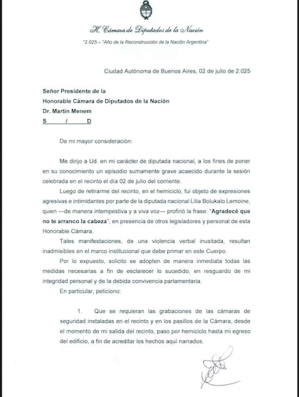 La carta de Lourdes Arrieta a Martín Menem