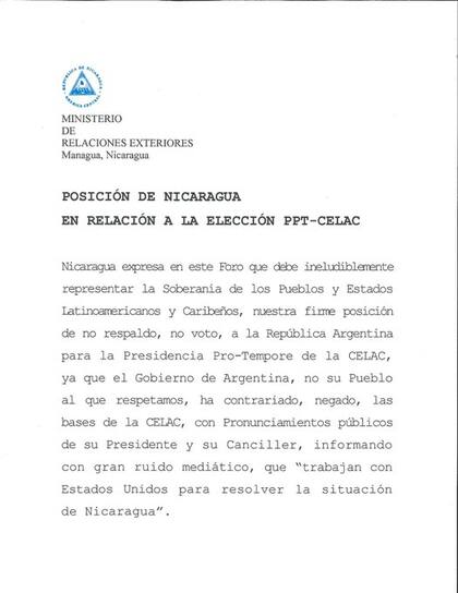 La carta de Nicaragua que rechaza el apoyo a la Argentina