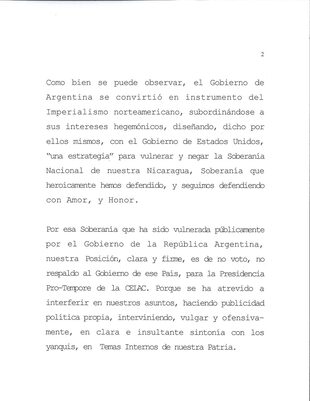 La carta de Nicaragua que rechaza el apoyo a la Argentina