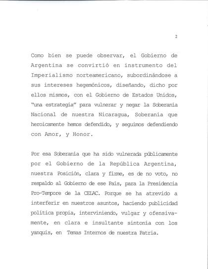 La carta de Nicaragua que rechaza el apoyo a la Argentina
