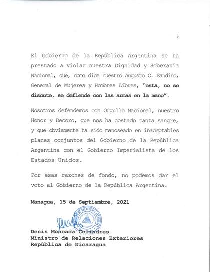 La carta de Nicaragua que rechaza el apoyo a la Argentina