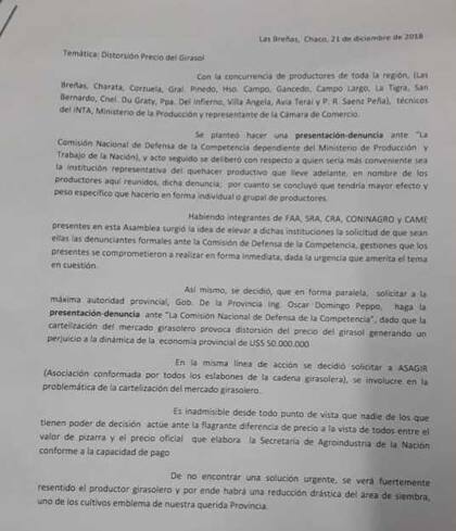 La carta de productores pidiendo a las entidades del agro que se impulse una denuncia ante Defensa de la Competencia
