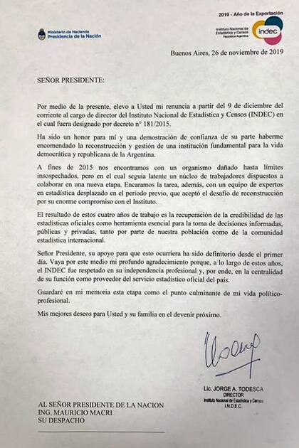 La carta de renuncia de Todesca