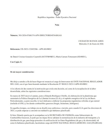 La carta de renuncia de Carlos Casares a Enargas