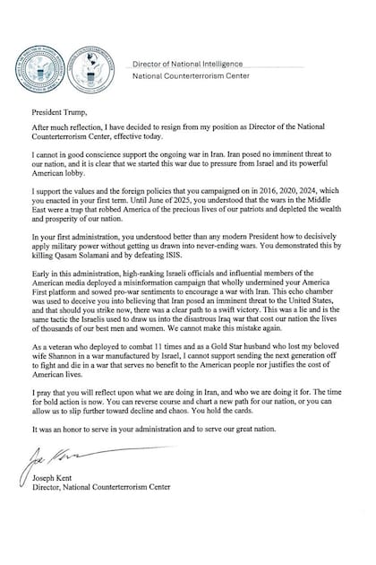 La carta de renuncia de Joe Kent