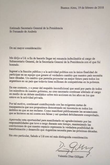 La carta de renuncia que presentó Díaz Gilligan a Macri