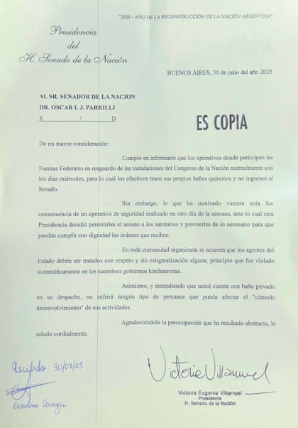 La carta de respuesta de Villarruel al senador Parrilli sobre el uso de sanitarios en el Senado (X: @VickyVillarruel)