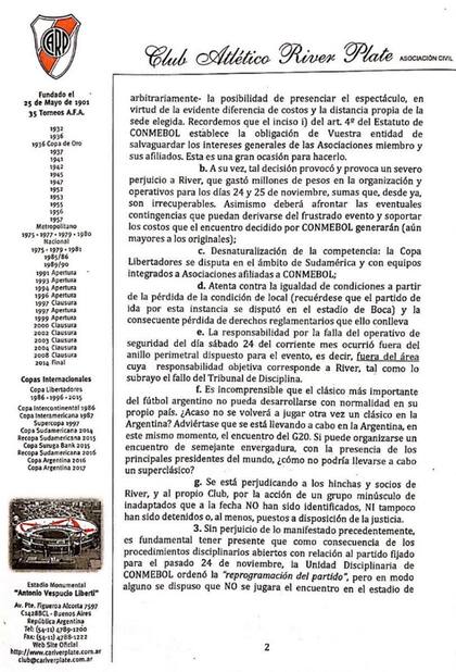 La carta de River contra la decisión de Conmebol de llevar la final a Madrid.