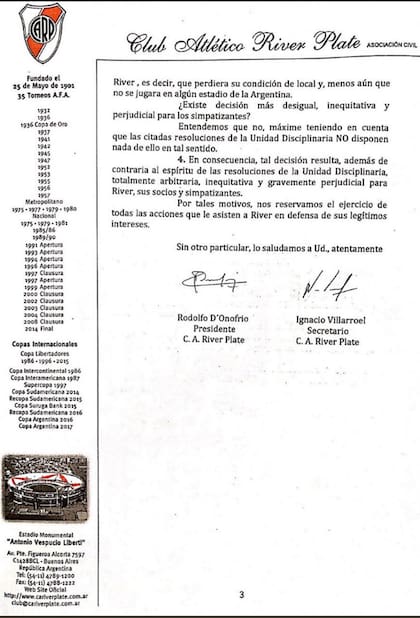 La carta de River contra la decisión de Conmebol de llevar la final a Madrid.