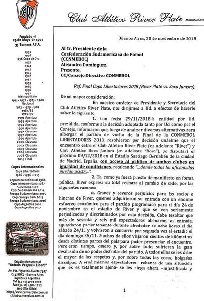 La carta de River contra la decisión de Conmebol de llevar la final a Madrid.