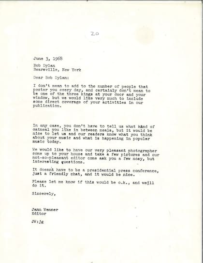 La carta de Wenner a Dylan pidiéndole una entrevista en 1968