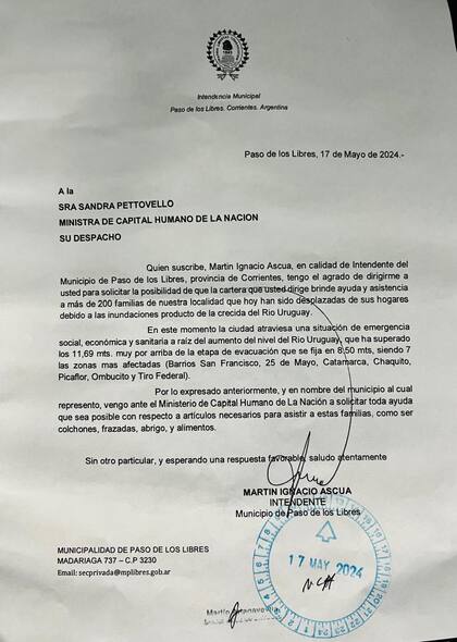 La carta del intendente de Pasos de los Libres a la ministra Pettovello