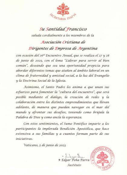 La carta del Papa Francisco a ACDE