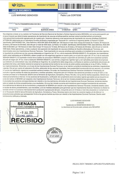 La carta documento enviada a Pablo Cortese, presidente del Senasa