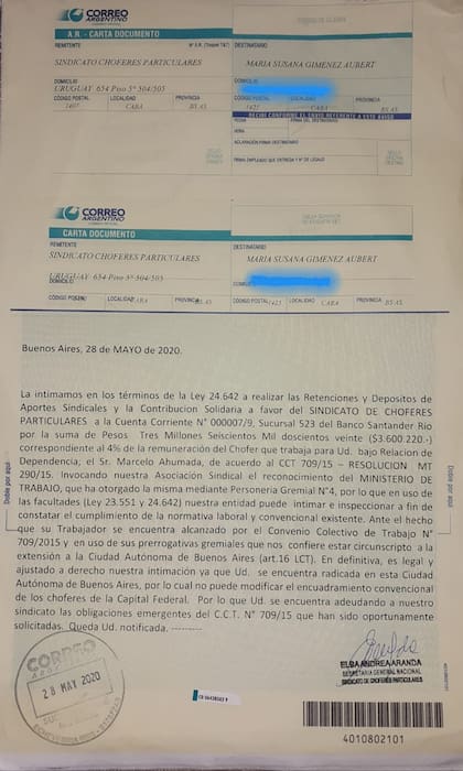 La carta documento enviada a Susana Giménez por el Sindicato de Choferes Particulares