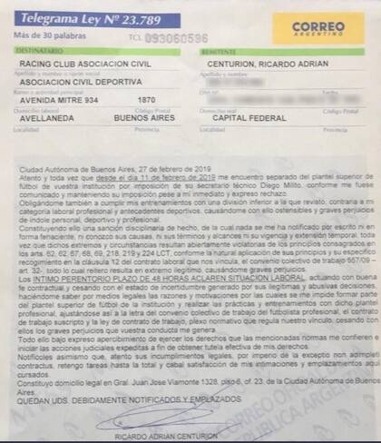 La carta documento enviada por Centurión