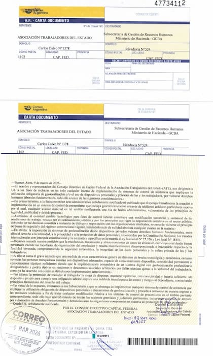 La carta documento que envió ATE