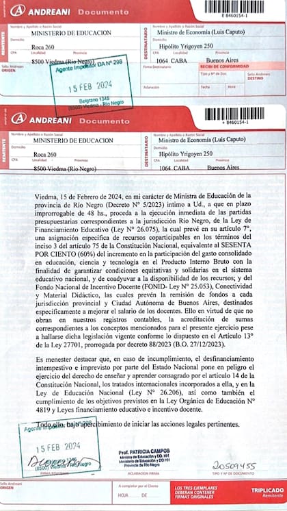 La carta documento que envió el gobierno de Río Negro a la administración de Milei