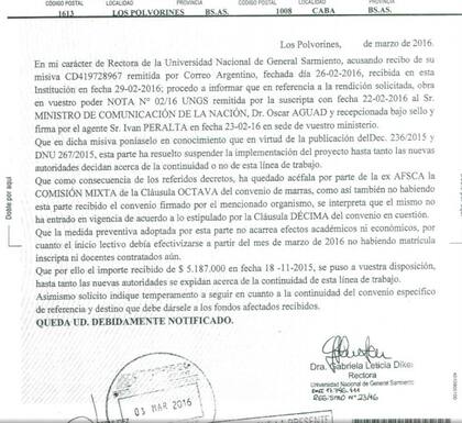 La carta documento que la rectora de la UNGS envió al Enacom para confirmar que la universidad está dispuesta a devolver el dinero