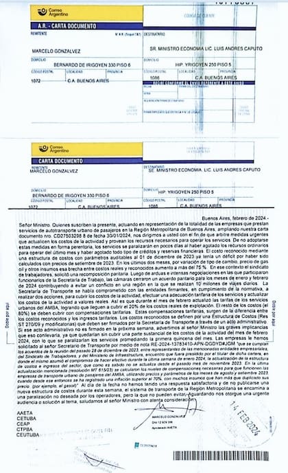 La carta documento que las empresas enviaron a Caputo.