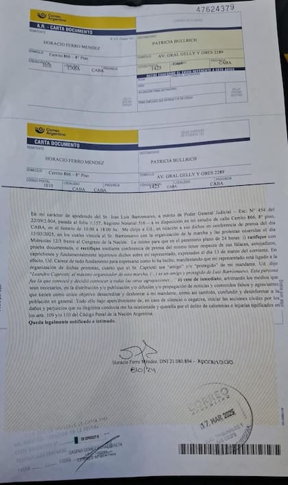 La carta documento que Luis Barrionuevo le envió a Patricia Bullrich