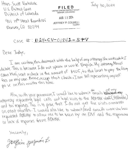 La carta en inglés fue escrita por la abogada de El Chapo