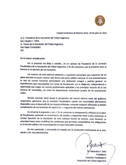 La carta en la que Díaz pidió licencia en la AFA