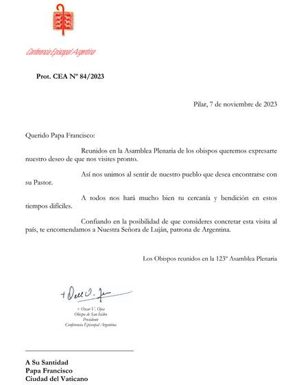 La carta enviada por los obispos argentinos a Francisco
