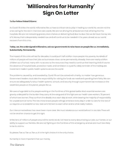 La carta aparece firmada por 83 millonarios, muchos de EEUU, pero también del Reino Unido, Dinamarca, Holanda y Canadá, entre otros países