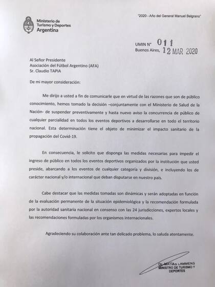 La carta para Tapia firmada por Lammens
