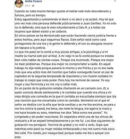 La carta publicada por Anita Co en la cual acusaba a Juan Darthés que Facebook eliminó