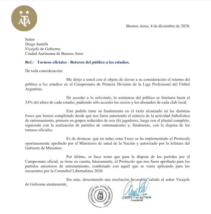 La carta que AFA envió en diciembre al Gobierno de CABA