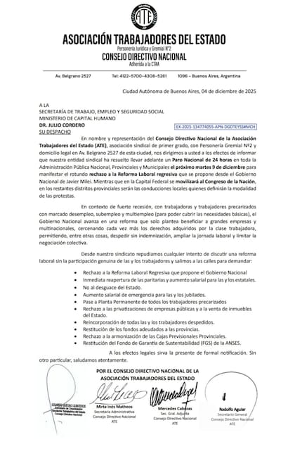 La carta que ATE le envió al secretario de Trabajo, Julio Cordero, con una enumeración de reclamos