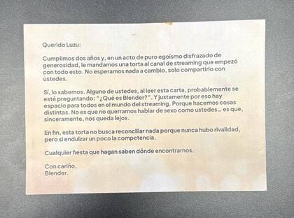 La carta que Blender le envió a Luzu TV (Foto: X @cmdeluzu)