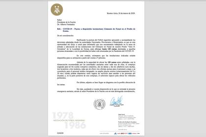 La carta que Claudio Tapia envió a Alberto Fernández; el mismo mensaje llegó a Horacio Rodríguez Larreta y Axel Kicillof.