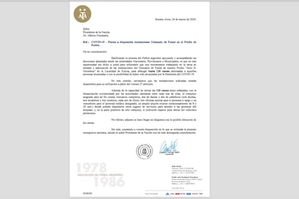 La carta que Claudio Tapia envió a Alberto Fernández; el mismo mensaje llegó a Horacio Rodríguez Larreta y Axel Kicillof.