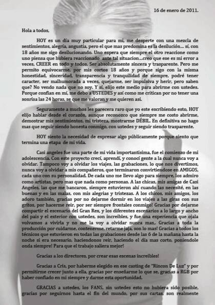 La carta que compartió La China Suárez en su cuenta de Twitter, para anunciar su retiro de la banda Teen Angels