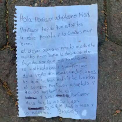 La carta que dejaron junto al perrito. Fuente: Mascotas Coyoacán