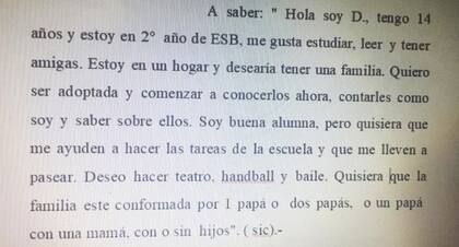 La carta que Denise le dictó por teléfono a un referente del juzgado que lleva su expediente, para que pudiera darse a conocer su voz en esta nota