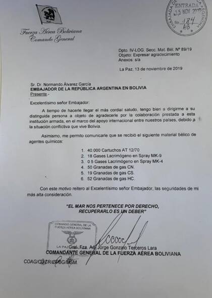 La carta que difundió la Cancillería de Bolivia