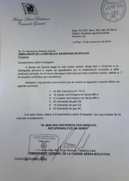 La carta que difundió la Cancillería de Bolivia