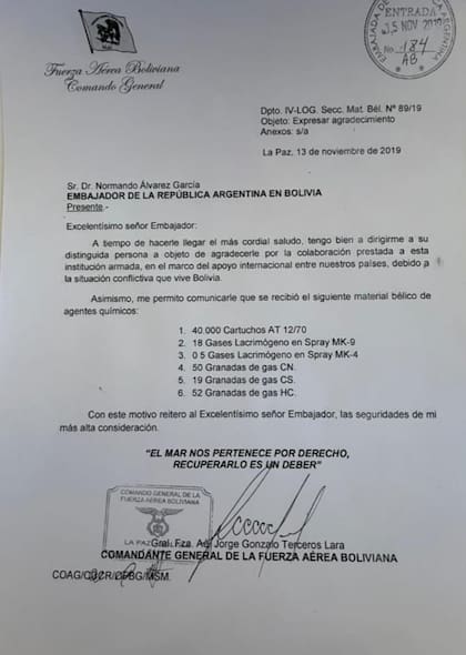 La carta que difundió la cancillería de Bolivia como prueba de sus acusaciones contra Mauricio Macri