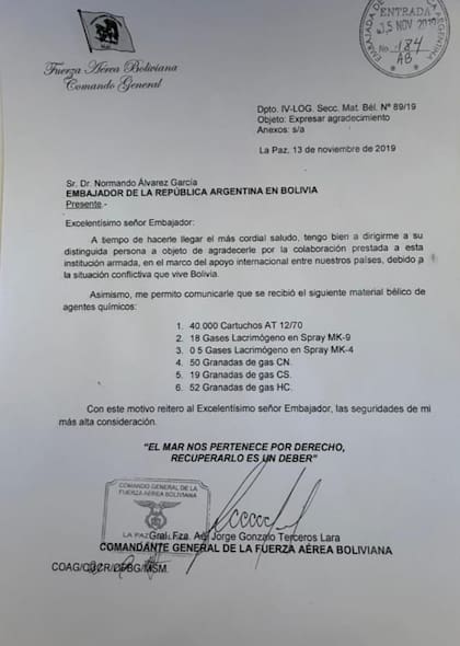 La carta que difundió la Cancillería de Bolivia y en la que se basan sus acusaciones contra el gobierno de Mauricio Macri