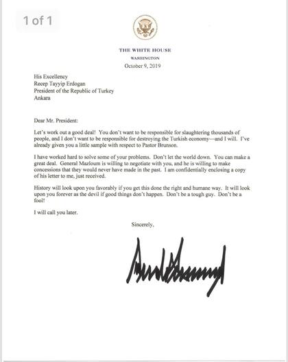 La carta que el presidente Donald Trump envió a su homólogo turco, Recep Tayyip Erdogan, el 9 de octubre de 2019