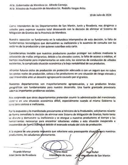 La carta que enviaron los intendentes de los departamentos de San Martín, Junín y Rivadavia a Cornejo